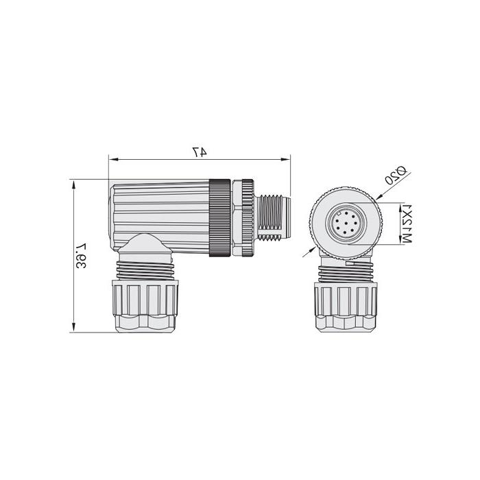 M12 8Pin, male 90°, food grade, screw connection, 64F429